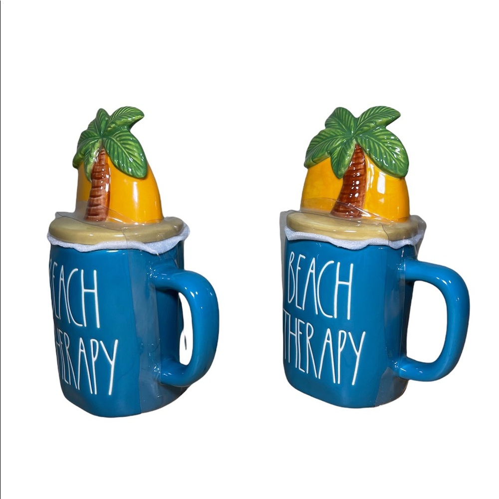 ⚡️SOLD⚡️Rae Dunn "Beach Therapy" Coffee Mug w/ Topper Lid Palm Tree 2 Set Mugs - Picture 3 of 11